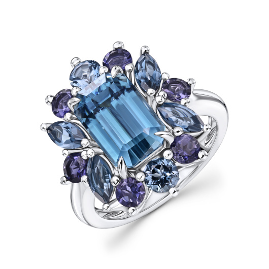 Кольцо с иолитами, лондон топазом и цирконом