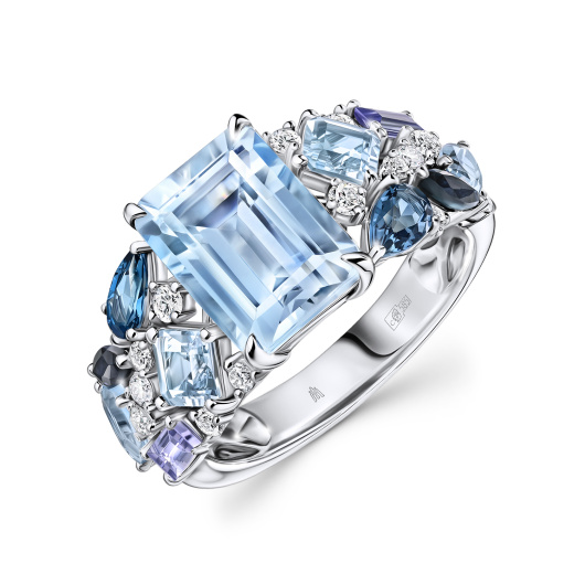 Кольцо с топазами, бриллиантами, лондон топазом, сапфирами и танзанитами