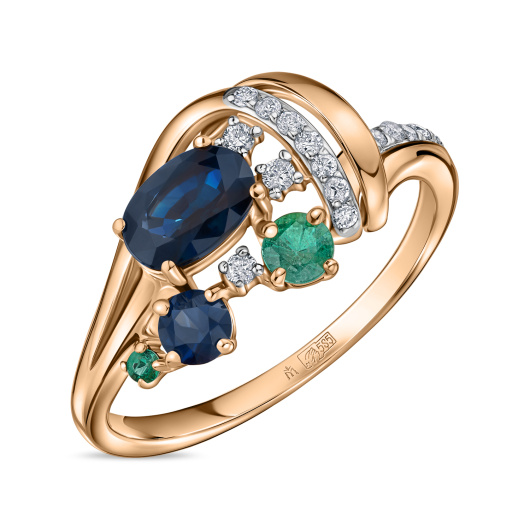 Кольцо с сапфирами, бриллиантами и изумрудами