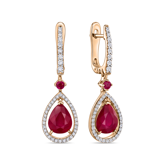 Серьги с бриллиантами, облагороженным рубином и рубинами - фото 1