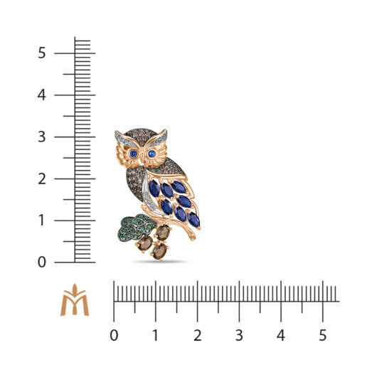 Брошь с дымчатым кварцем, сапфиром и фианитами