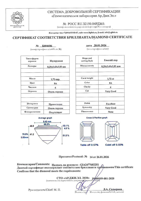 Бриллиант изумруд огранка 1.72 карат - фото 4 Бриллиант изумруд огранка 1.72 карат - фото 4