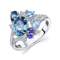 Кольцо с топазами, бриллиантами, лондон топазом, танзанитом и цирконом - фото 1 Кольцо с топазами, бриллиантами, лондон топазом, танзанитом и цирконом - фото 1