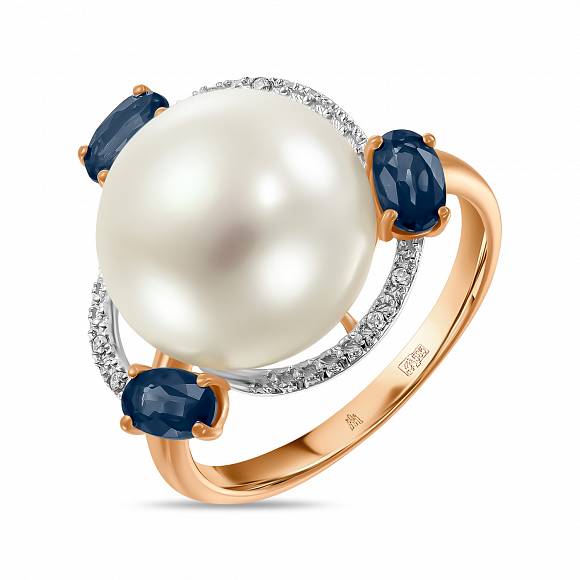 Кольцо с бриллиантами, жемчугом и сапфирами R4150-D-44204S - Фото 1